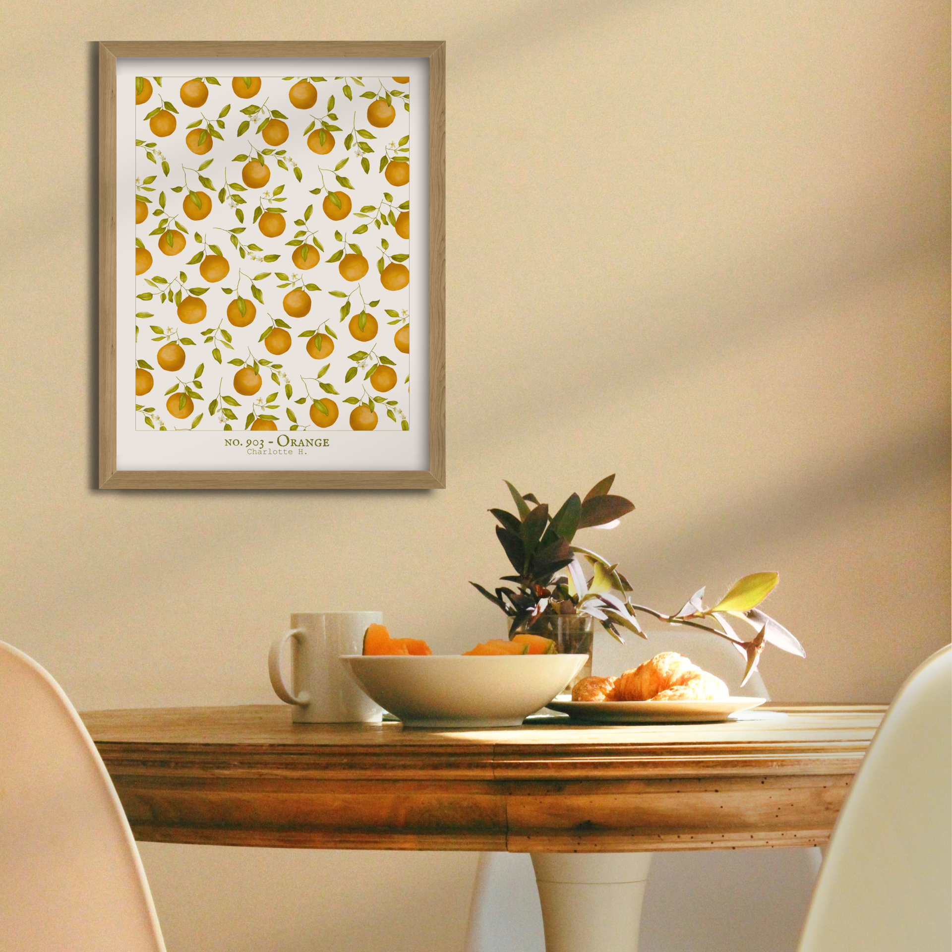 Illustration poétique d’oranges à l’aquarelle, inspirée du Sud et de ses vergers, pour une décoration naturelle et lumineuse empreinte de douceur.
