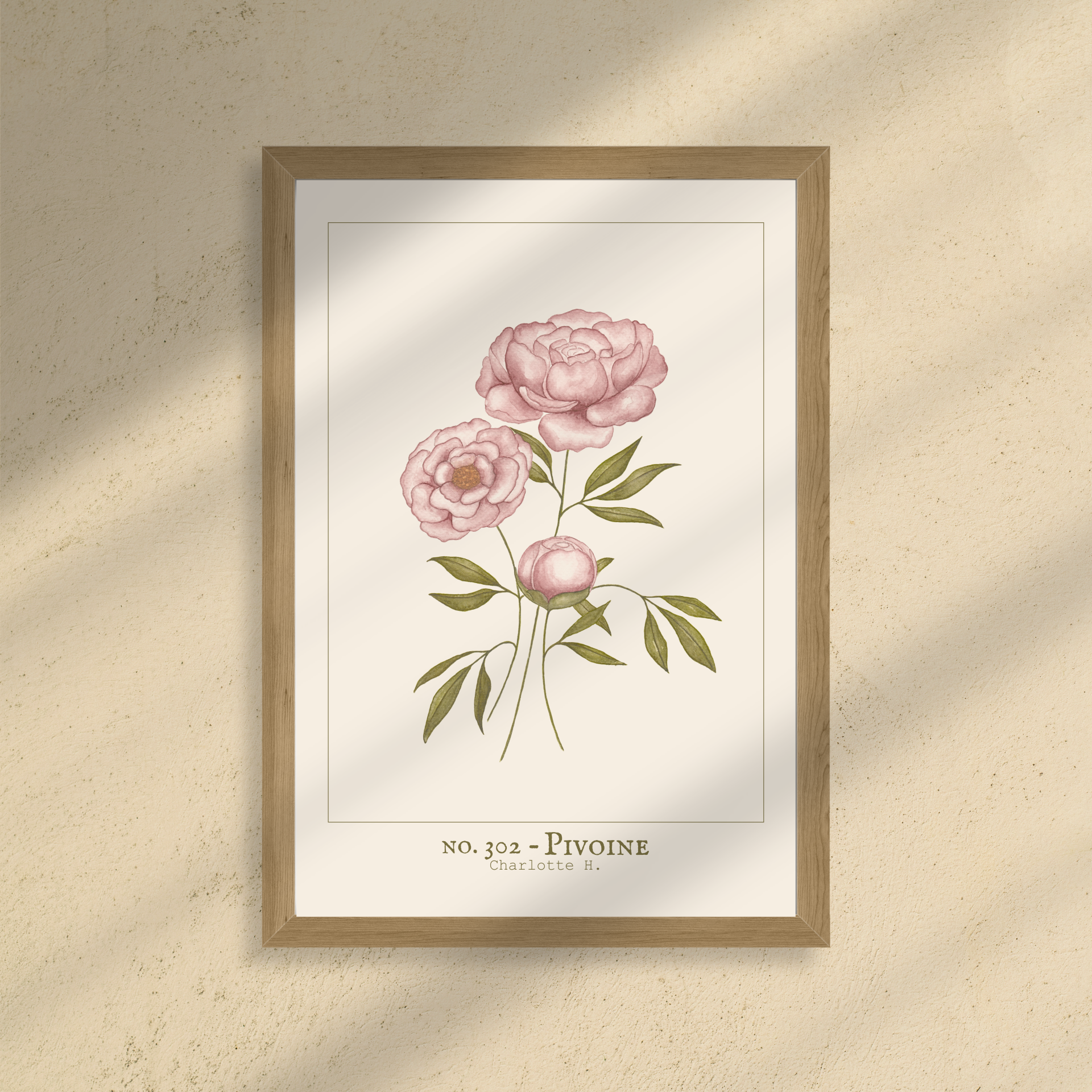 Illustration délicate d’une pivoine rose éclatante, apportant une touche poétique et romantique à votre intérieur.