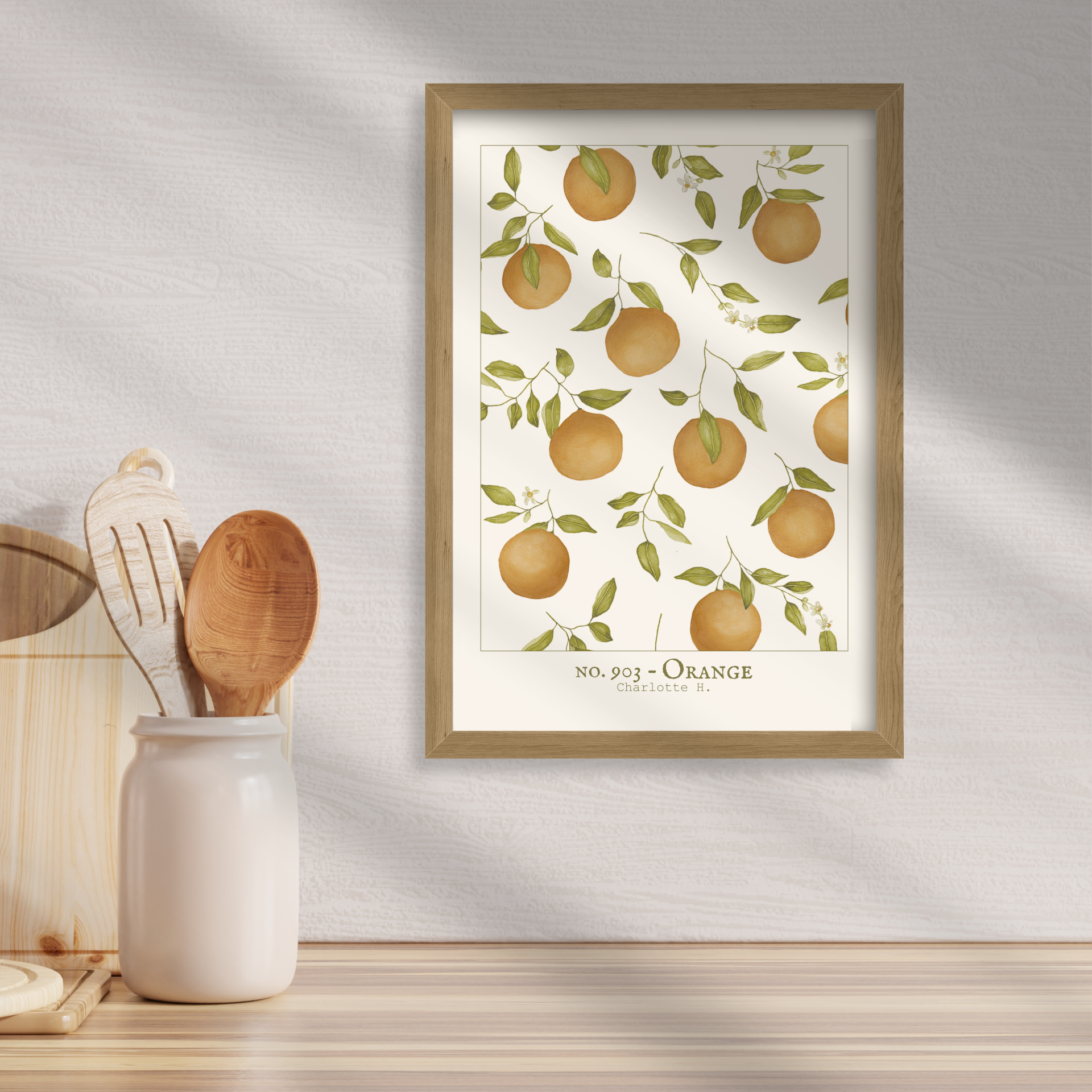 Illustration d’oranges lumineuses et fraîches, idéale pour créer une ambiance chaleureuse et apaisante dans votre cuisine ou salon.