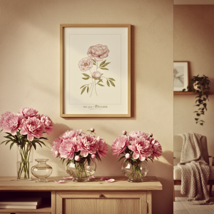 Aquarelle pivoine encadrée dans un intérieur cosy, illustration florale peinte à la main par Charlotte, artiste aquarelliste artisanale