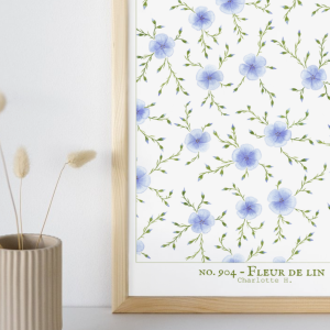 Illustration florale délicate du lin peinte à l’aquarelle, dans des tons bleutés et naturels, pour une décoration murale poétique et apaisante inspirée de la nature.