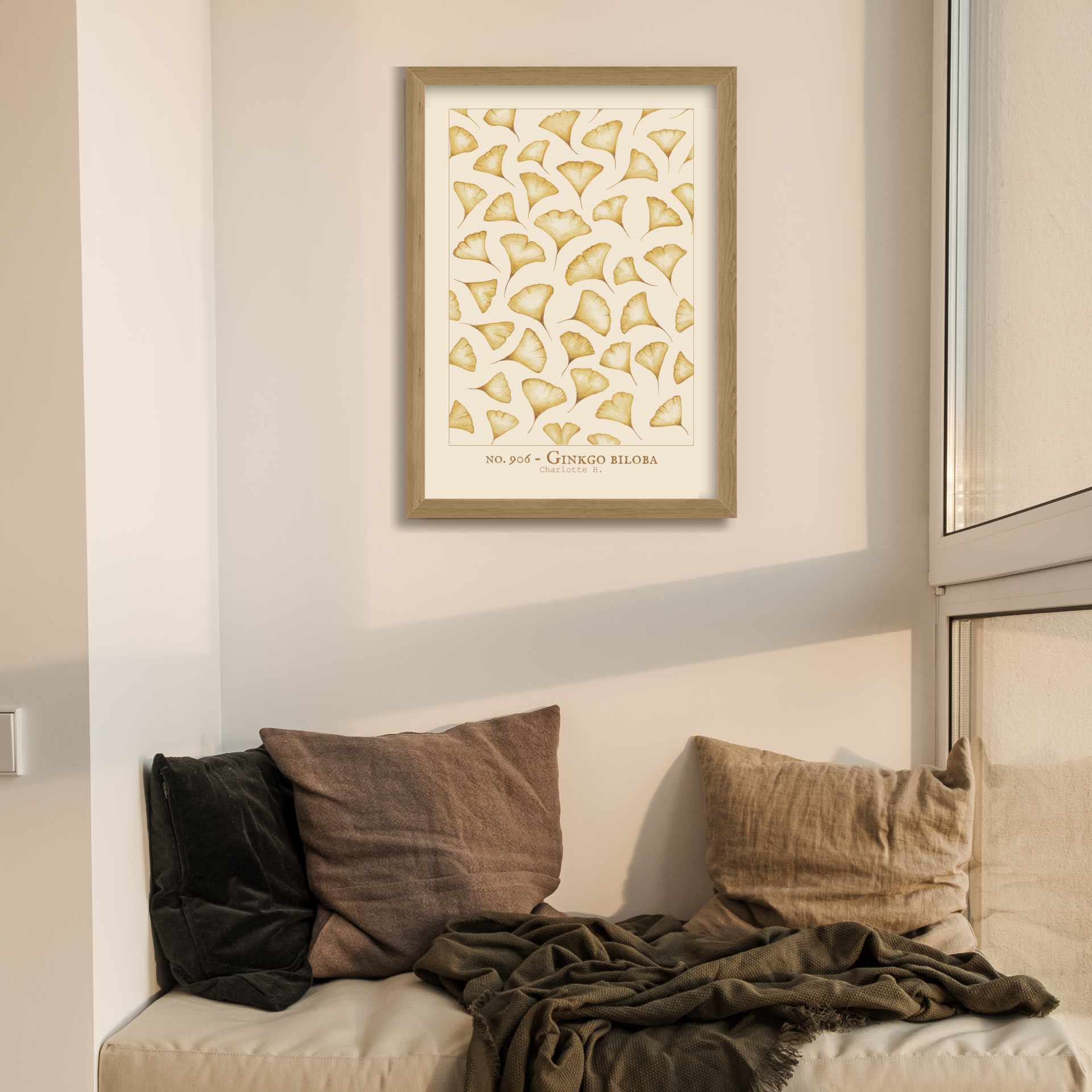 Illustration délicate de feuilles de ginkgo, apportant douceur et charme champêtre à votre intérieur pour une ambiance chaleureuse et apaisante.